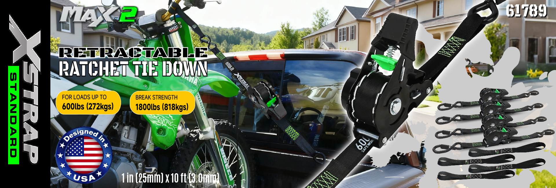 أشرطة ربط سقاطة قابلة للسحب من Xstrap 61789 بطول 1 × 10 قدم، أربطة آمنة للدراجات النارية Jetski Kayak بقوة كسر 1,500 رطل/680 كجم