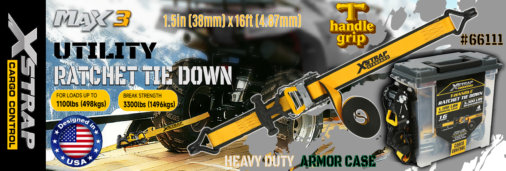 Xstrap 66111 1.5 بوصة × 16 قدم على شكل حرف T - أشرطة ربط بسقاطة 1,100 رطل SWL