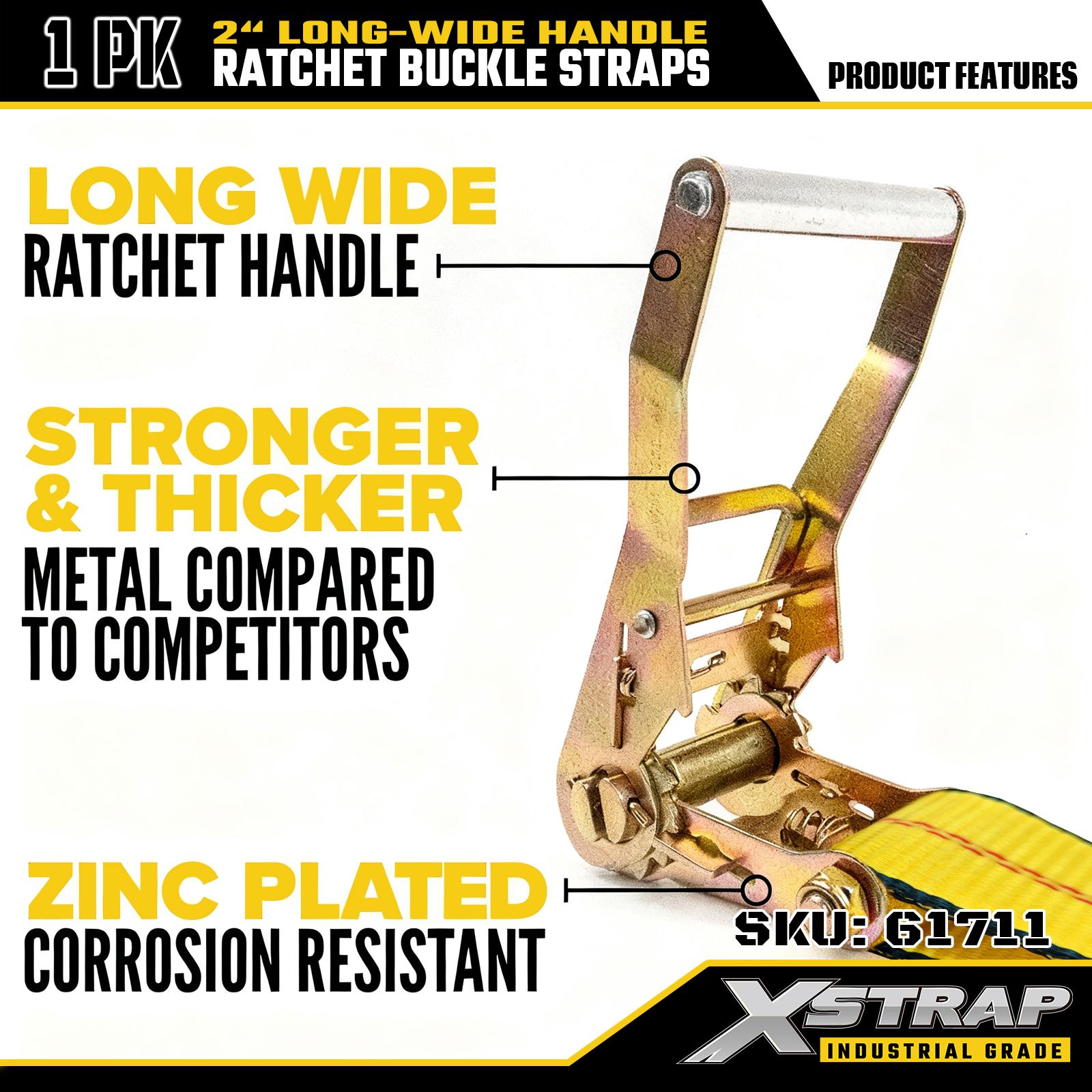 Xstrap 61711 2 بوصة 30 قدم طويلة بمقبض عريض وأشرطة بإبزيم بسقاطة مع خطافات سلكية بقوة كسر 10000 رطل (عبوة واحدة)