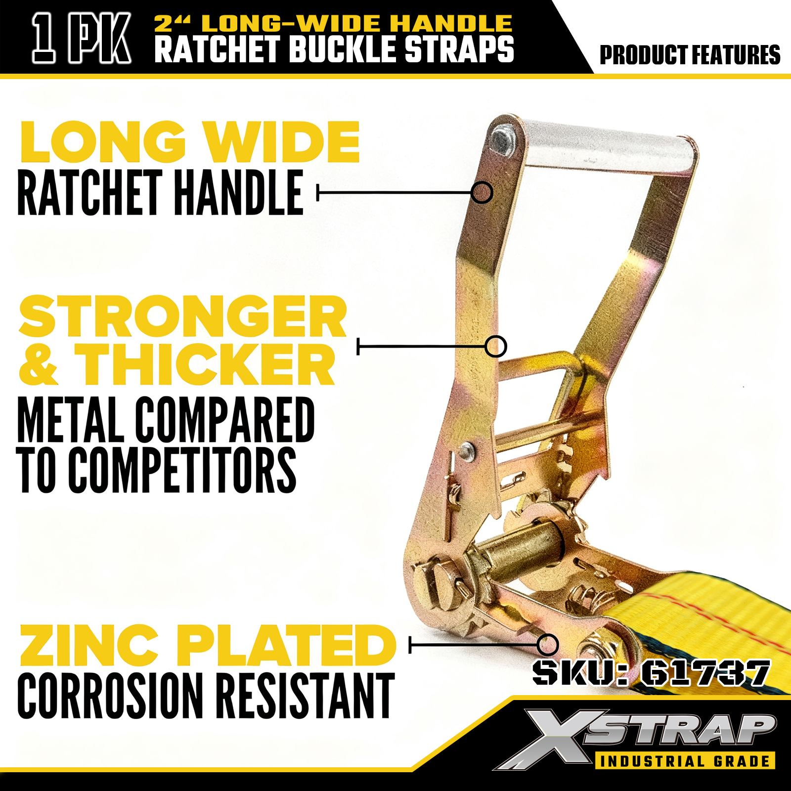 Xstrap 61737 أشرطة بإبزيم بمقبض عريض بطول 2 بوصة وطول 27 قدمًا مع خطافات سرطان البحر بقوة كسر 10,000 رطل (عبوة واحدة)