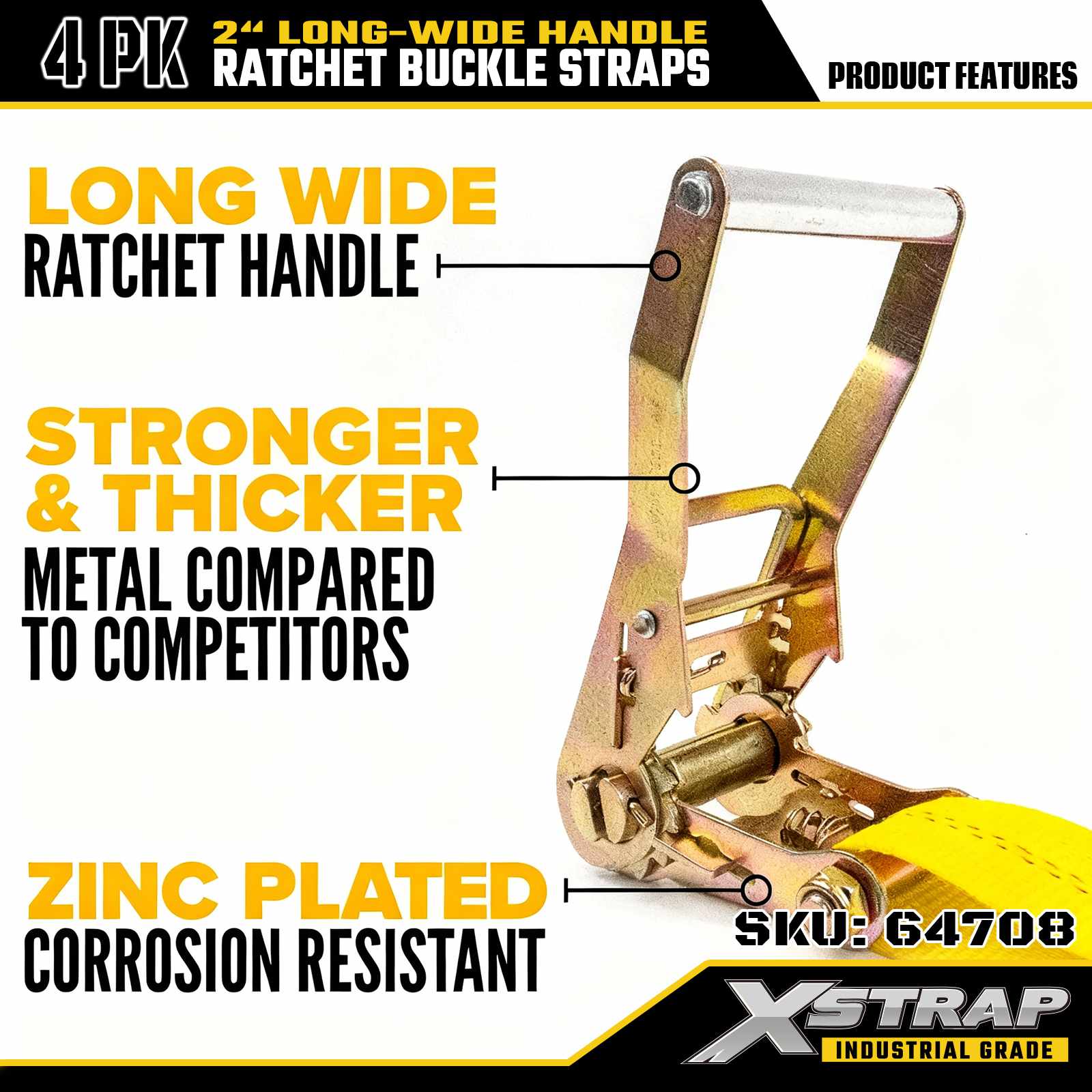 Xstrap 64708 أشرطة بإبزيم بسقاطة بمقبض عريض بطول 2 بوصة و30 قدمًا مع خطافات مسطحة بقوة كسر 10000 رطل (4 عبوات)