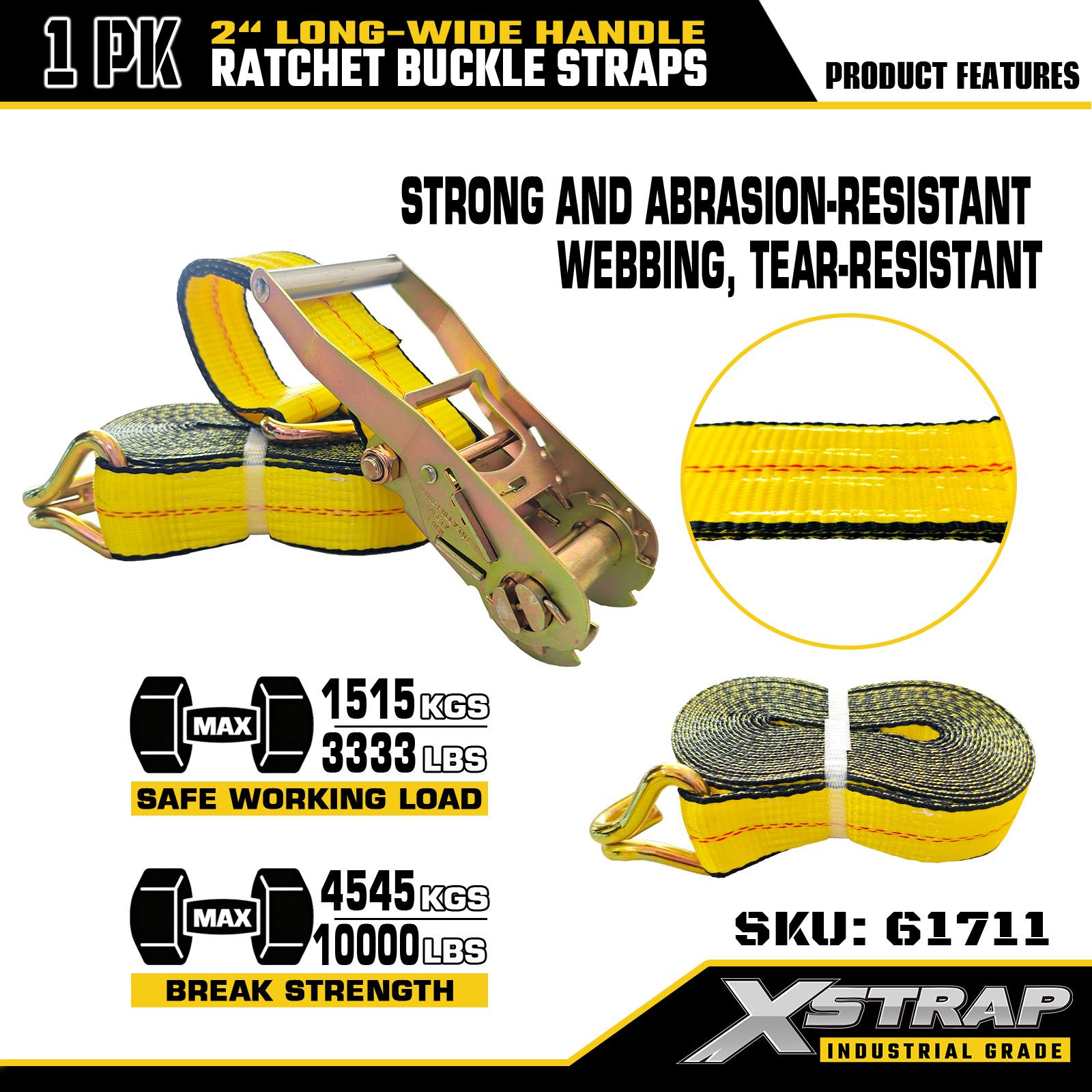 Xstrap 61711 2 بوصة 30 قدم طويلة بمقبض عريض وأشرطة بإبزيم بسقاطة مع خطافات سلكية بقوة كسر 10000 رطل (عبوة واحدة)