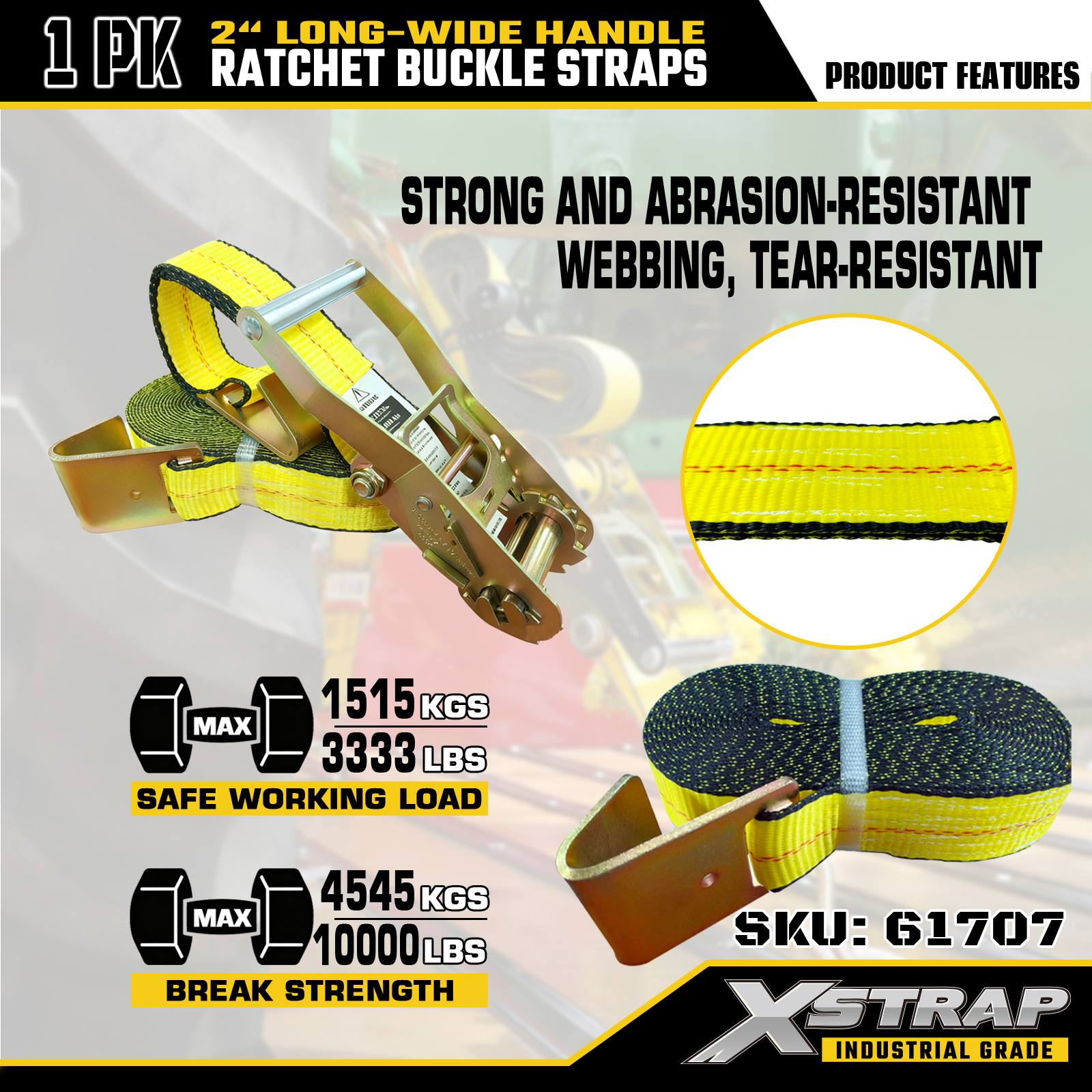 Xstrap 61707 أشرطة بإبزيم بسقاطة بمقبض عريض بطول 2 بوصة وطول 27 قدمًا مع خطافات مسطحة بقوة كسر 10000 رطل (عبوة واحدة)