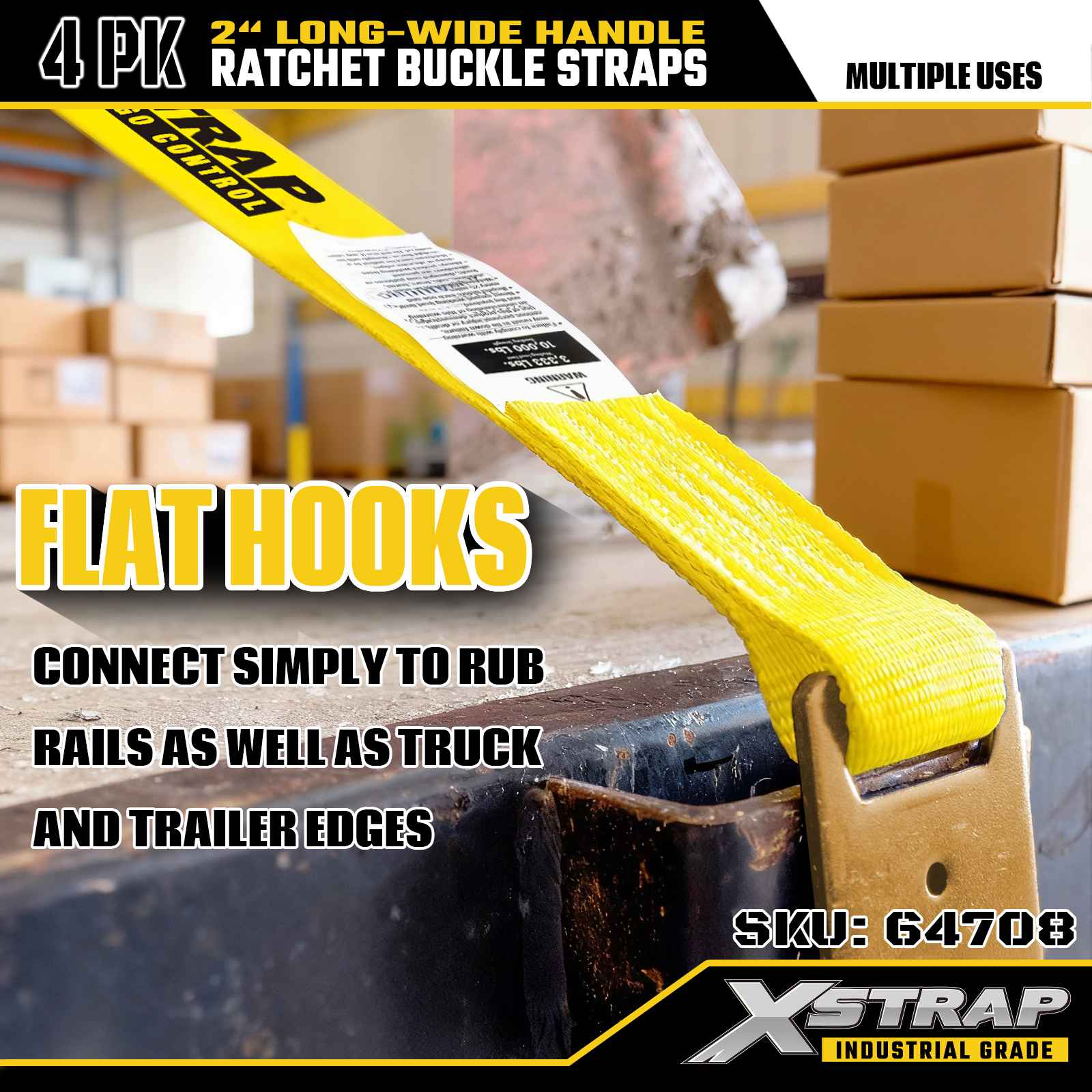 Xstrap 64708 أشرطة بإبزيم بسقاطة بمقبض عريض بطول 2 بوصة و30 قدمًا مع خطافات مسطحة بقوة كسر 10000 رطل (4 عبوات)