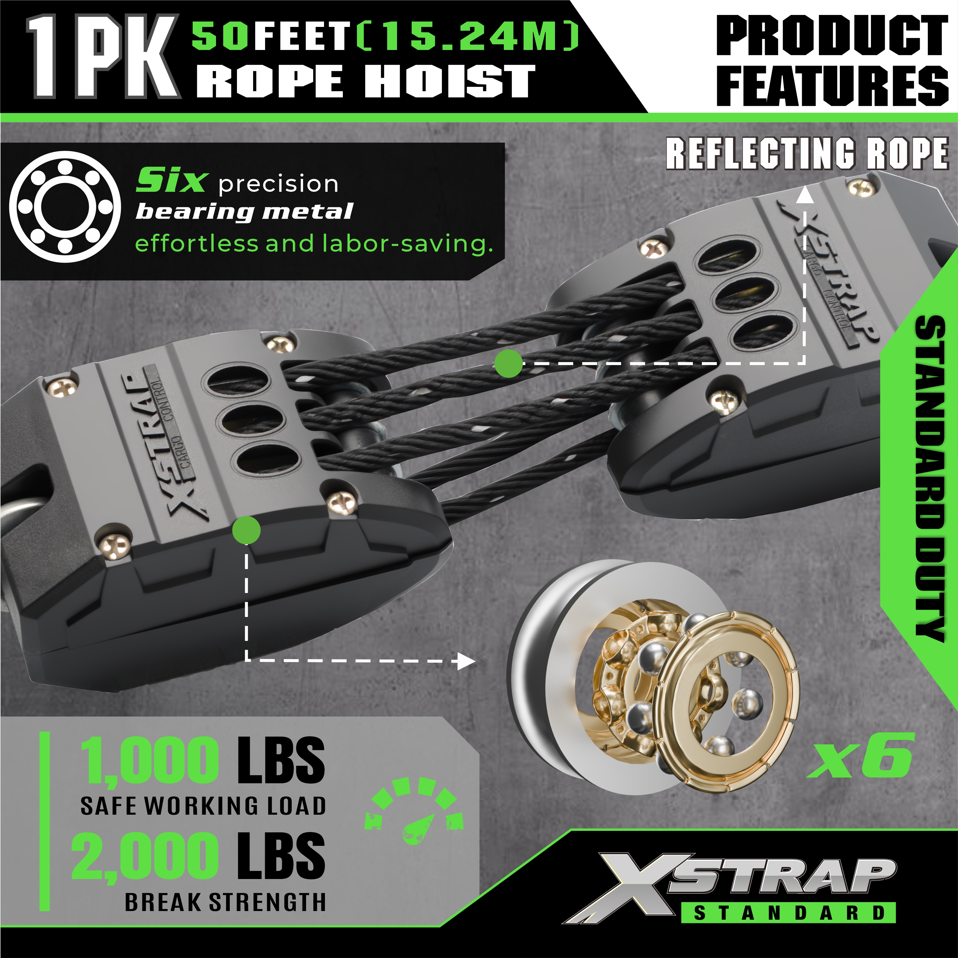 XSTRAP AHLT0003-نظام بكرة رافعة حبل أسود عاكس 1000LB