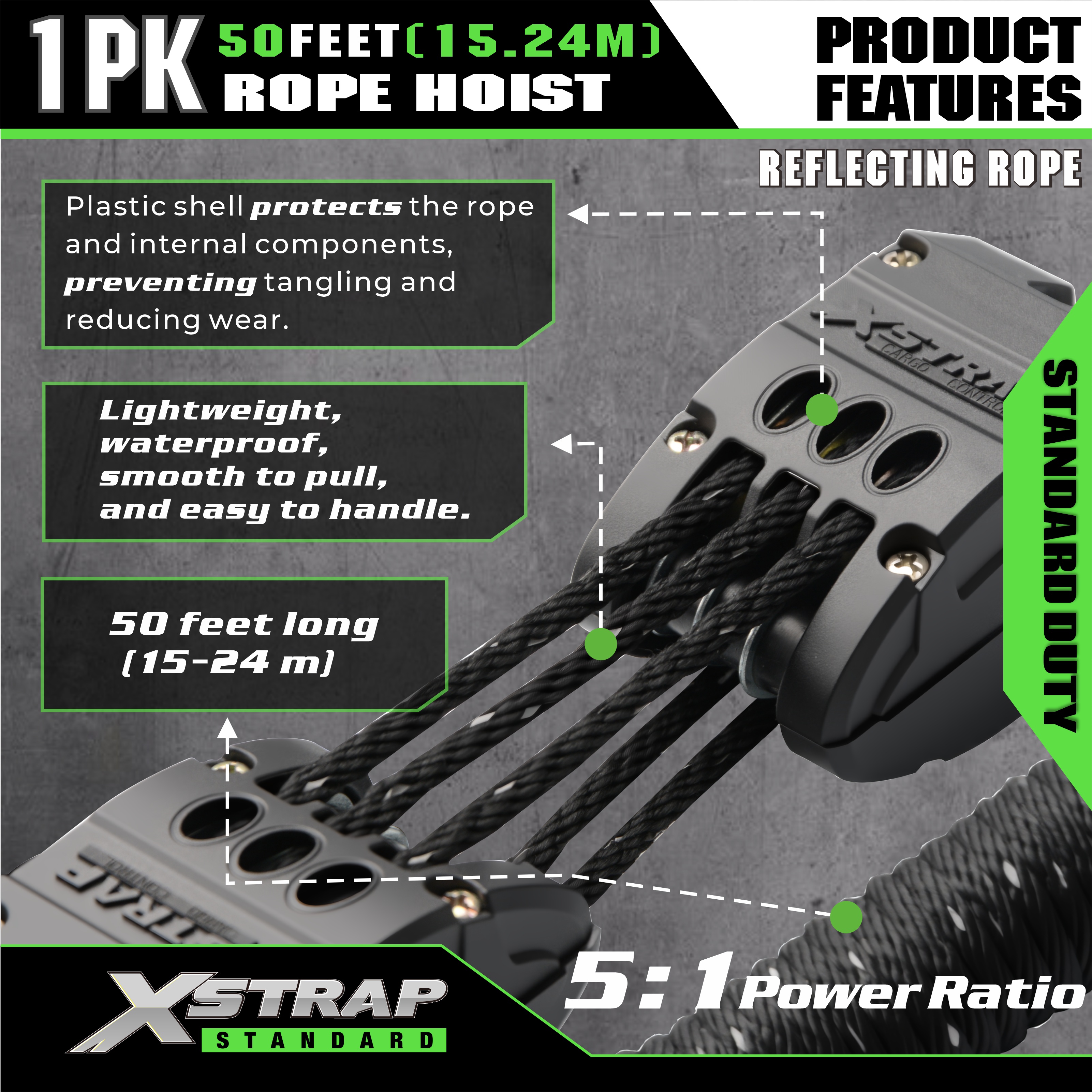 XSTRAP AHLT0003-نظام بكرة رافعة حبل أسود عاكس 1000LB