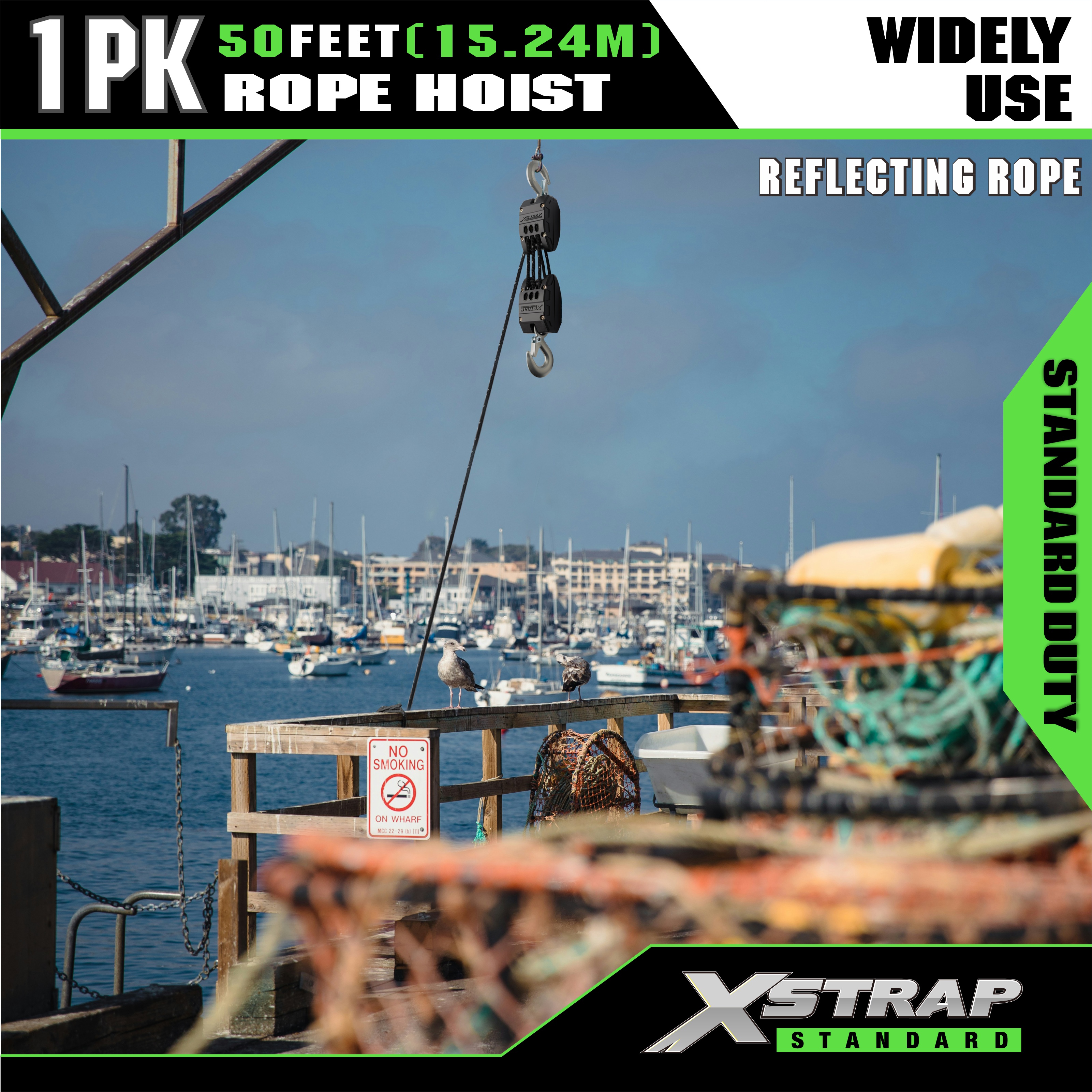 XSTRAP AHLT0003-نظام بكرة رافعة حبل أسود عاكس 1000LB