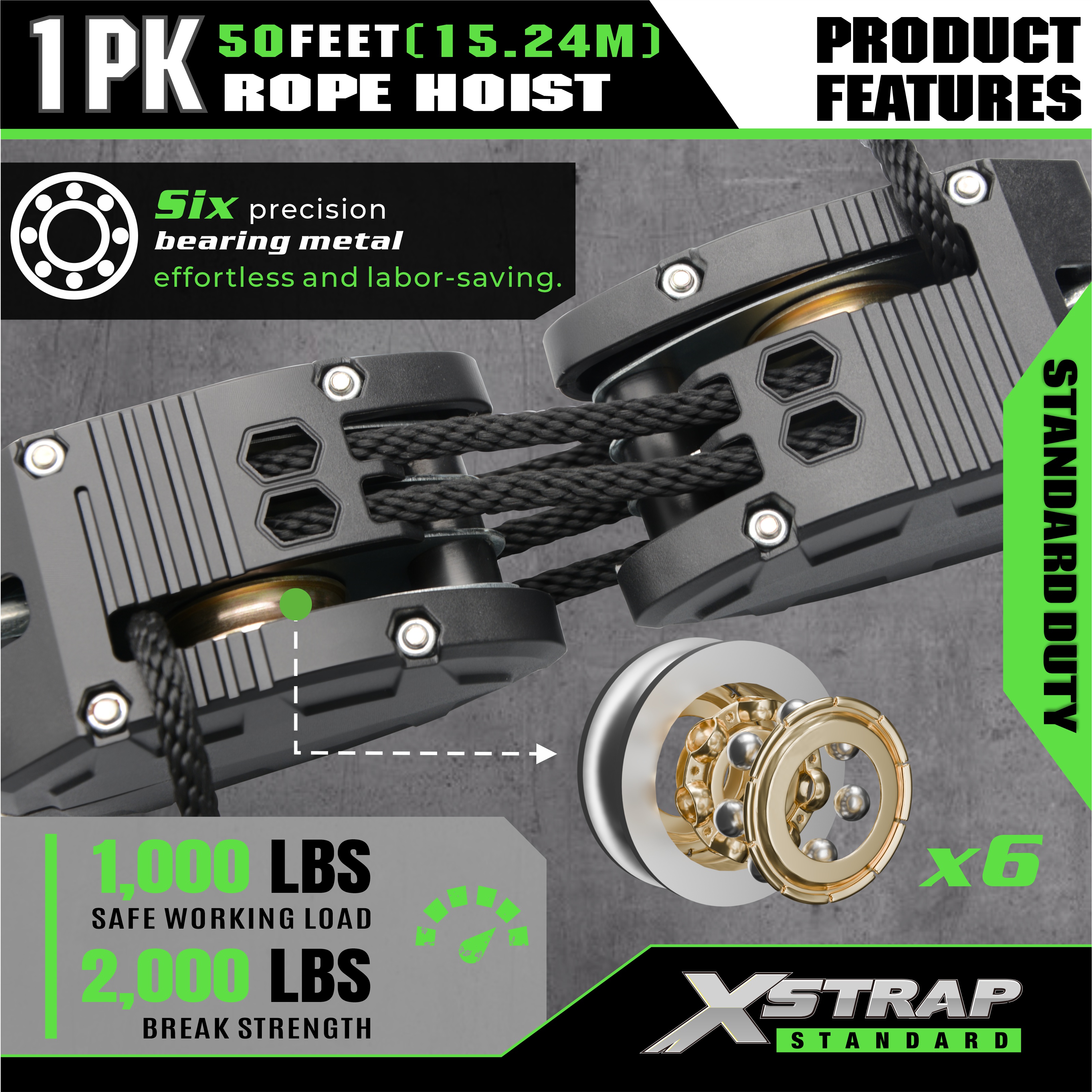 XSTRAP AHLT0003 نظام بكرة رافعة الحبل الأسود 1000 رطل