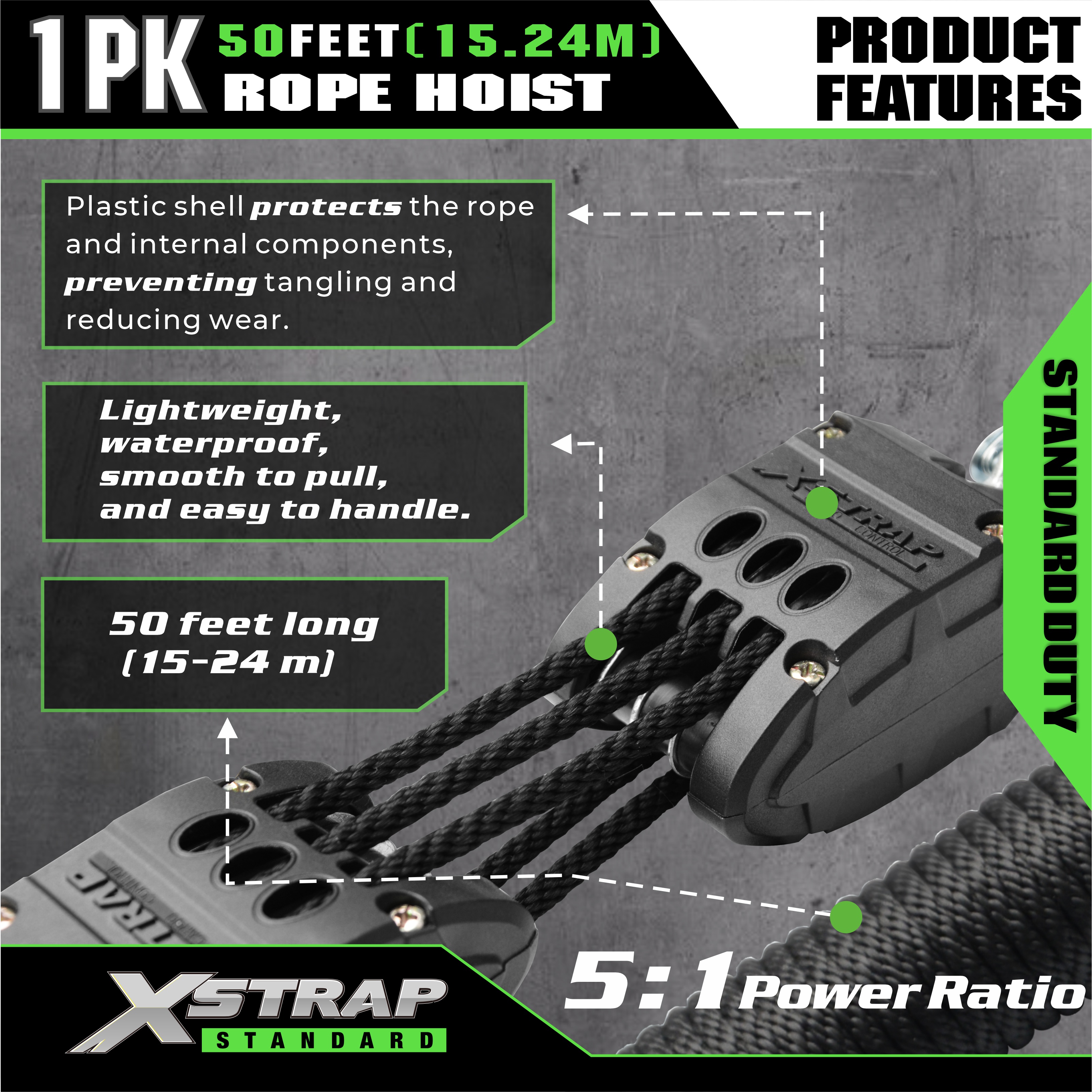 XSTRAP AHLT0003 نظام بكرة رافعة الحبل الأسود 1000 رطل