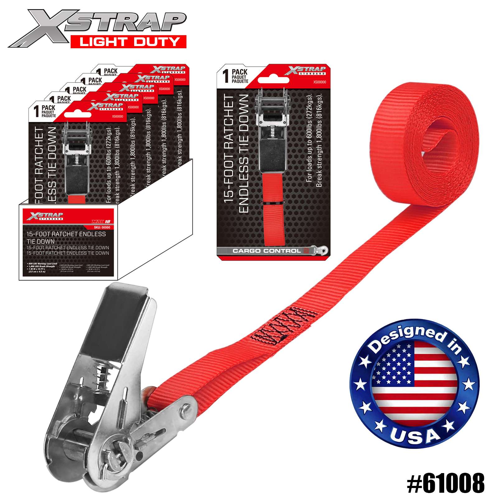 Xstrap 61008 1 بوصة × 15 بوصة 1 قطعة من أشرطة ربط السقاطة التي لا نهاية لها 600 رطل SWL