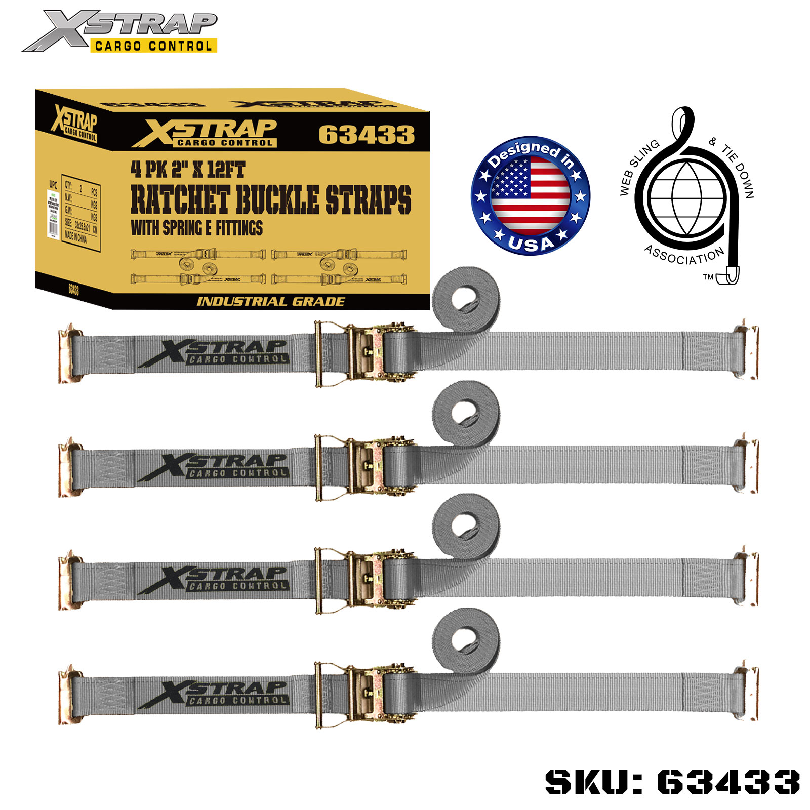 Xstrap 63433 2 بوصة × 16 قدمًا 4 قطع من أشرطة السقاطة مع تركيبات زنبركية 1467 رطل SWL