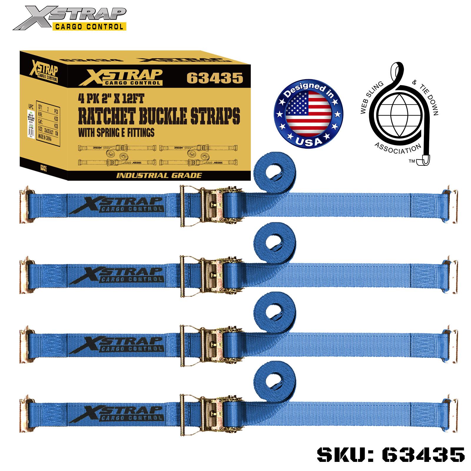 Xstrap 63435 2 بوصة × 12 بوصة 4PK أشرطة سقاطة مع تركيبات زنبركية 1467 رطل SWL