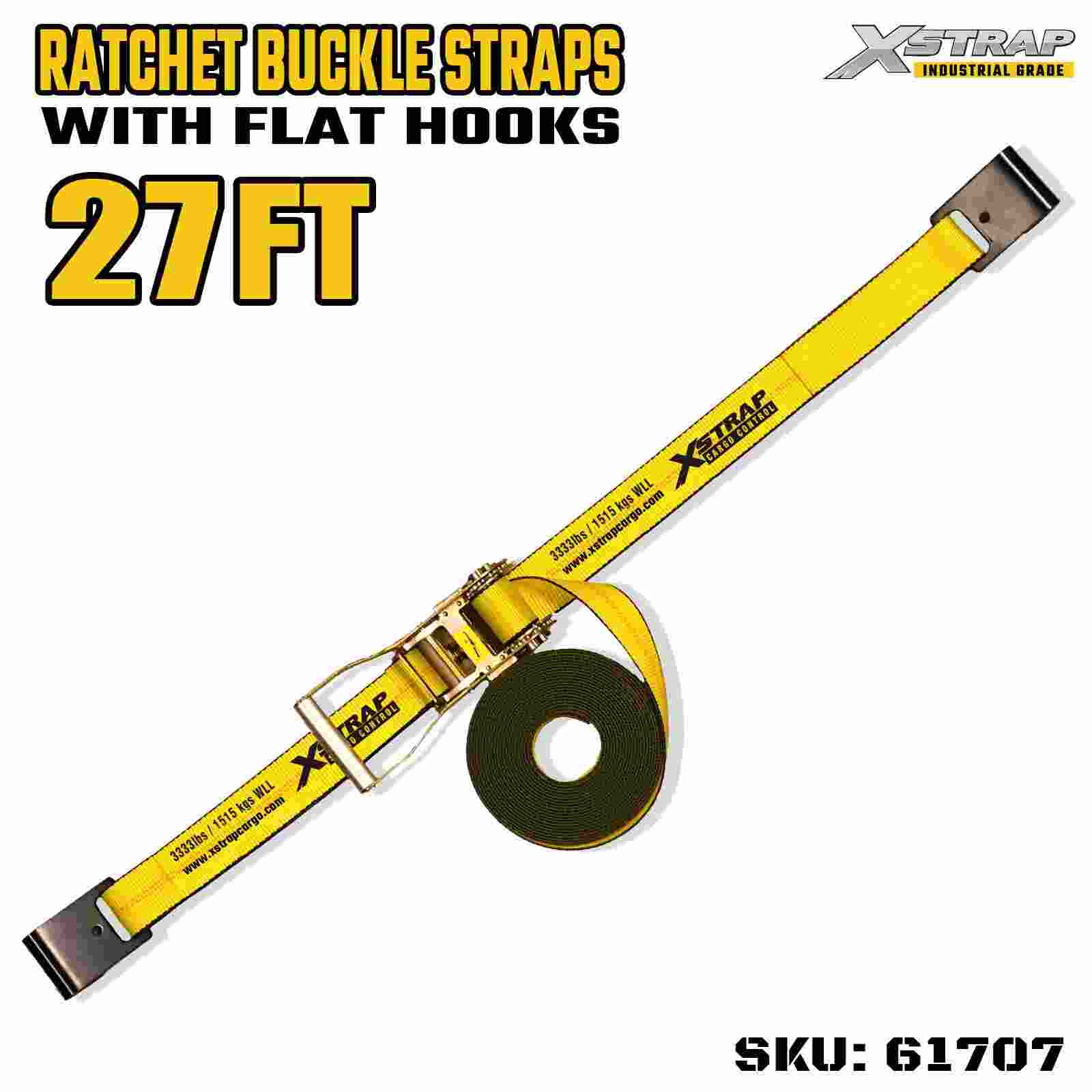 Xstrap 61707 أشرطة بإبزيم بسقاطة بمقبض عريض بطول 2 بوصة وطول 27 قدمًا مع خطافات مسطحة بقوة كسر 10000 رطل (عبوة واحدة)
