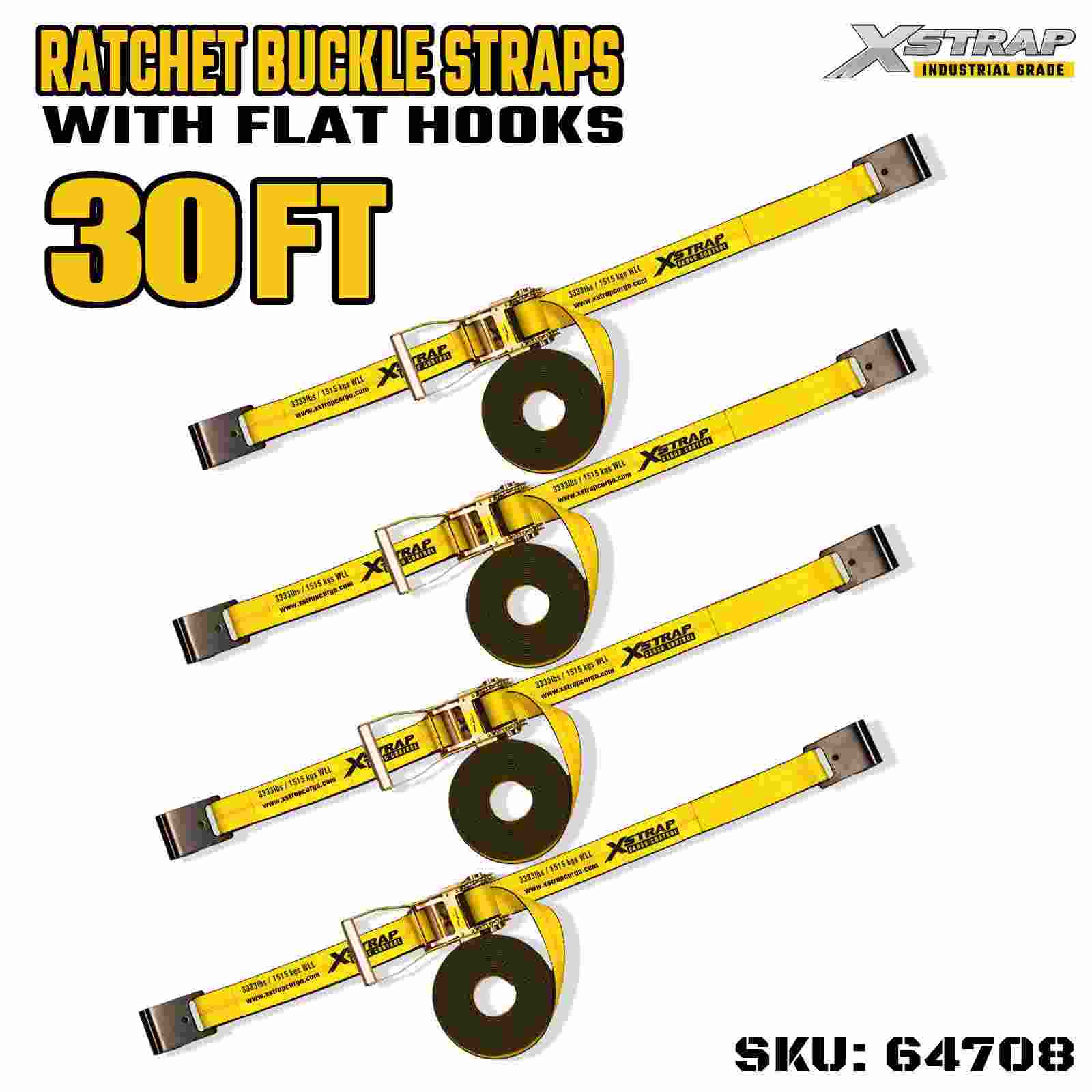 Xstrap 64708 أشرطة بإبزيم بسقاطة بمقبض عريض بطول 2 بوصة و30 قدمًا مع خطافات مسطحة بقوة كسر 10000 رطل (4 عبوات)