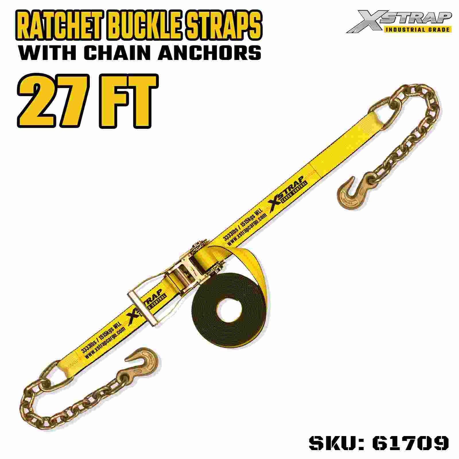 Xstrap 61709 أشرطة بإبزيم بسقاطة بمقبض عريض بطول 2 بوصة وطول 27 قدمًا مع خطافات سلسلة بقوة كسر 10000 رطل (عبوة واحدة)