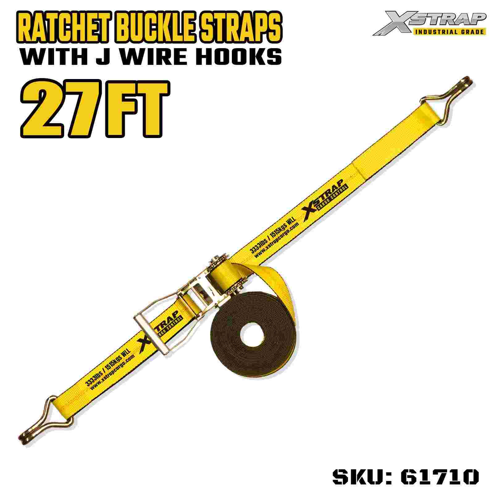 Xstrap 61710 2 بوصة 27 قدم طويلة بمقبض عريض وأشرطة بإبزيم بسقاطة مع خطافات سلكية بسعة 10000 رطل (عبوة واحدة)