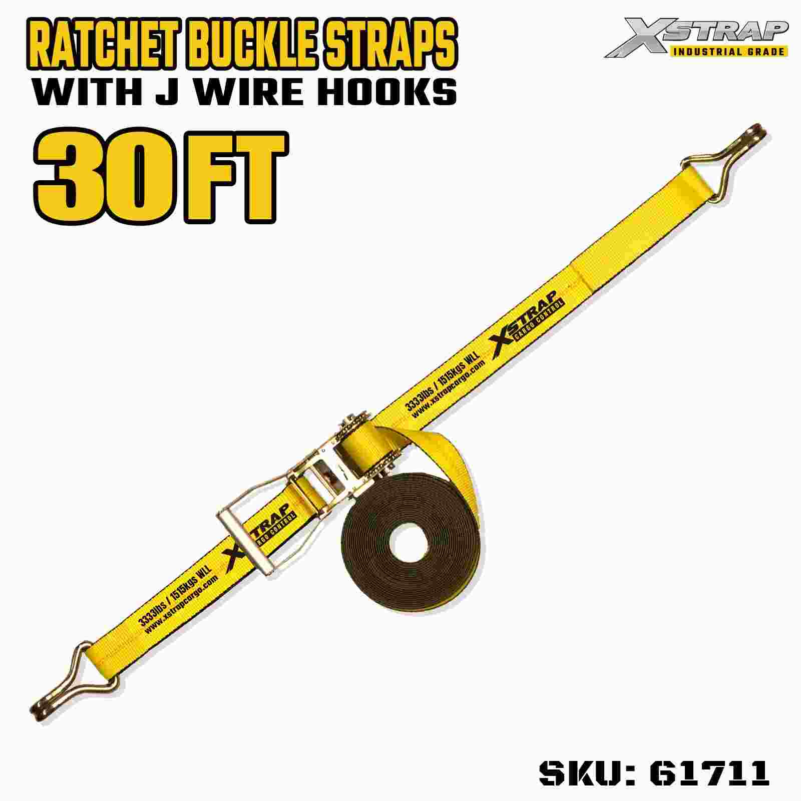 Xstrap 61711 2 بوصة 30 قدم طويلة بمقبض عريض وأشرطة بإبزيم بسقاطة مع خطافات سلكية بقوة كسر 10000 رطل (عبوة واحدة)