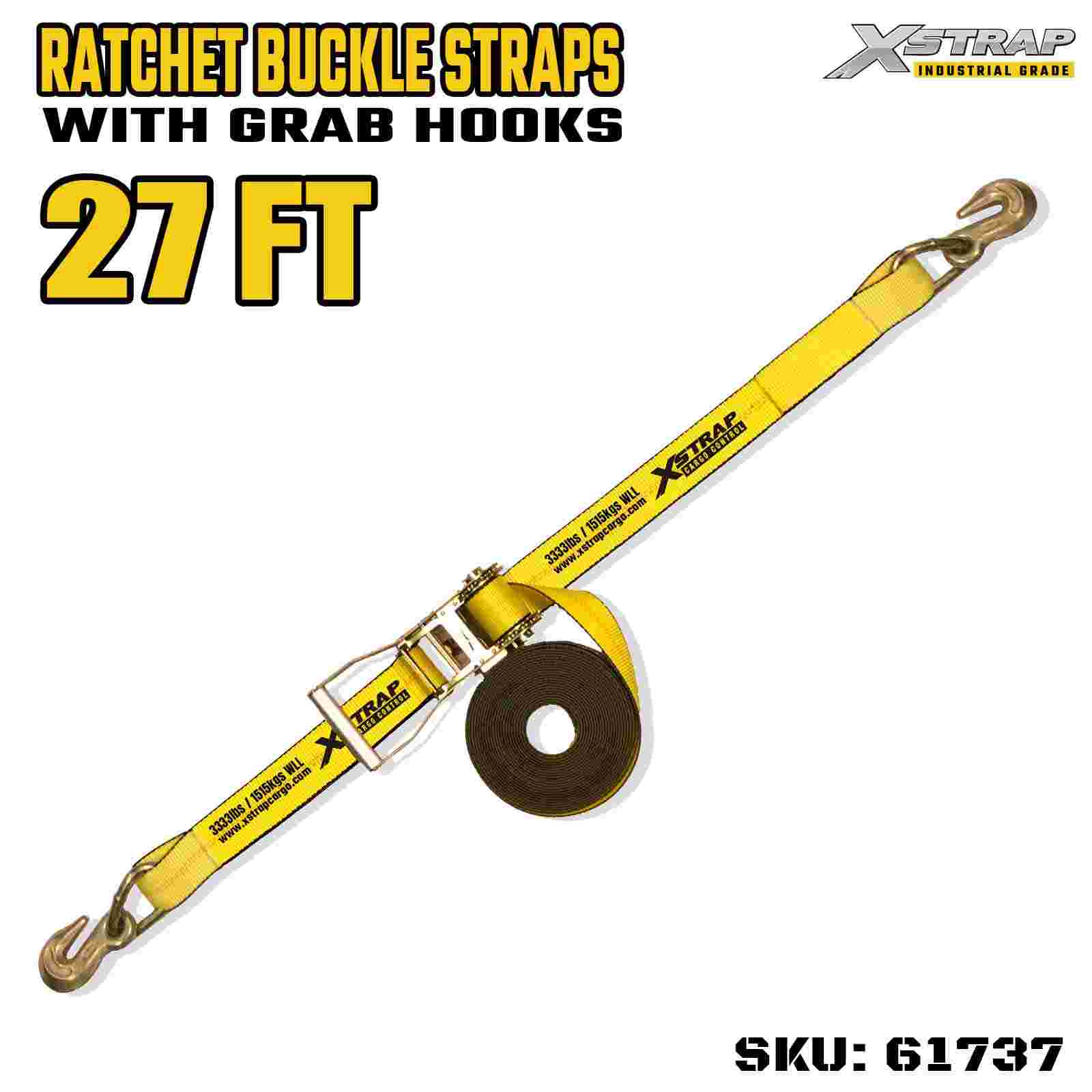 Xstrap 61737 أشرطة بإبزيم بمقبض عريض بطول 2 بوصة وطول 27 قدمًا مع خطافات سرطان البحر بقوة كسر 10,000 رطل (عبوة واحدة)
