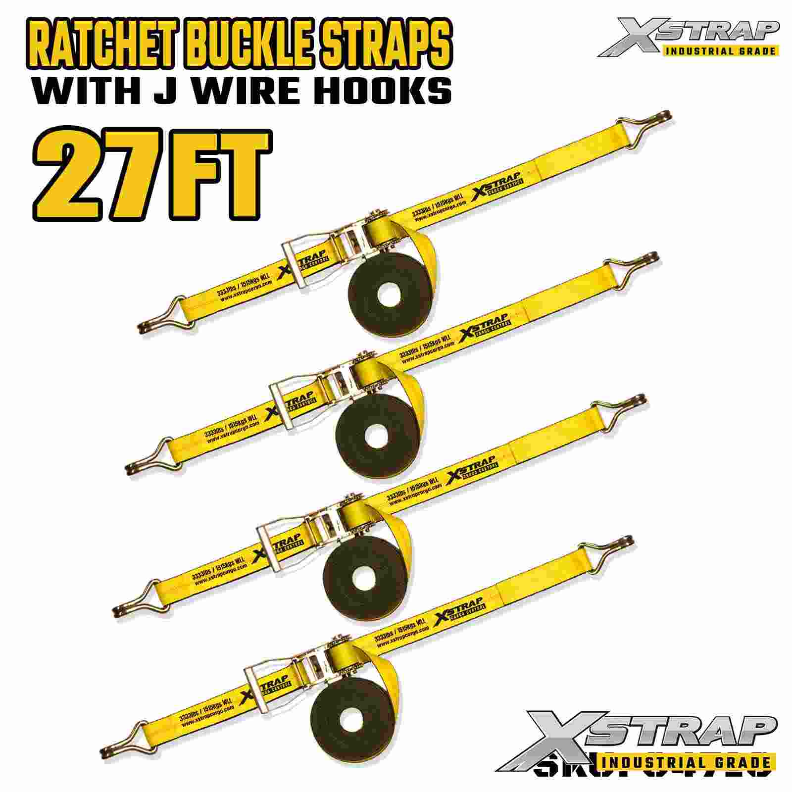 أشرطة Xstrap 64710 بمقبض عريض بطول 2 بوصة وطول 27 قدمًا وإبزيم بسقاطة مع خطافات سلكية بقوة كسر 10000 رطل (4 عبوات)