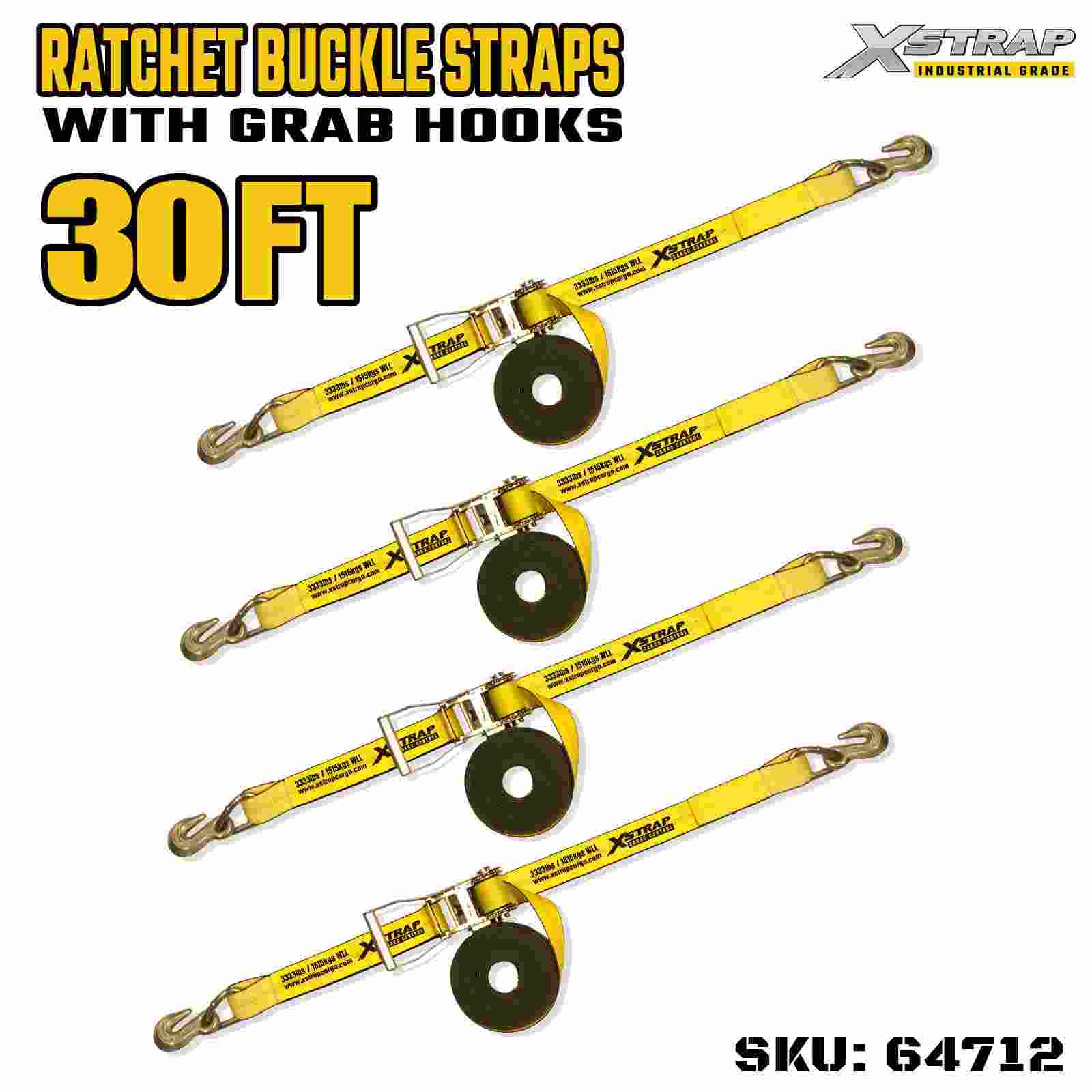Xstrap 64712 2 بوصة 27 قدم طويلة بمقبض عريض وأشرطة بإبزيم بسقاطة مع خطافات سرطان البحر بقوة كسر 10000 رطل (4 عبوات)
