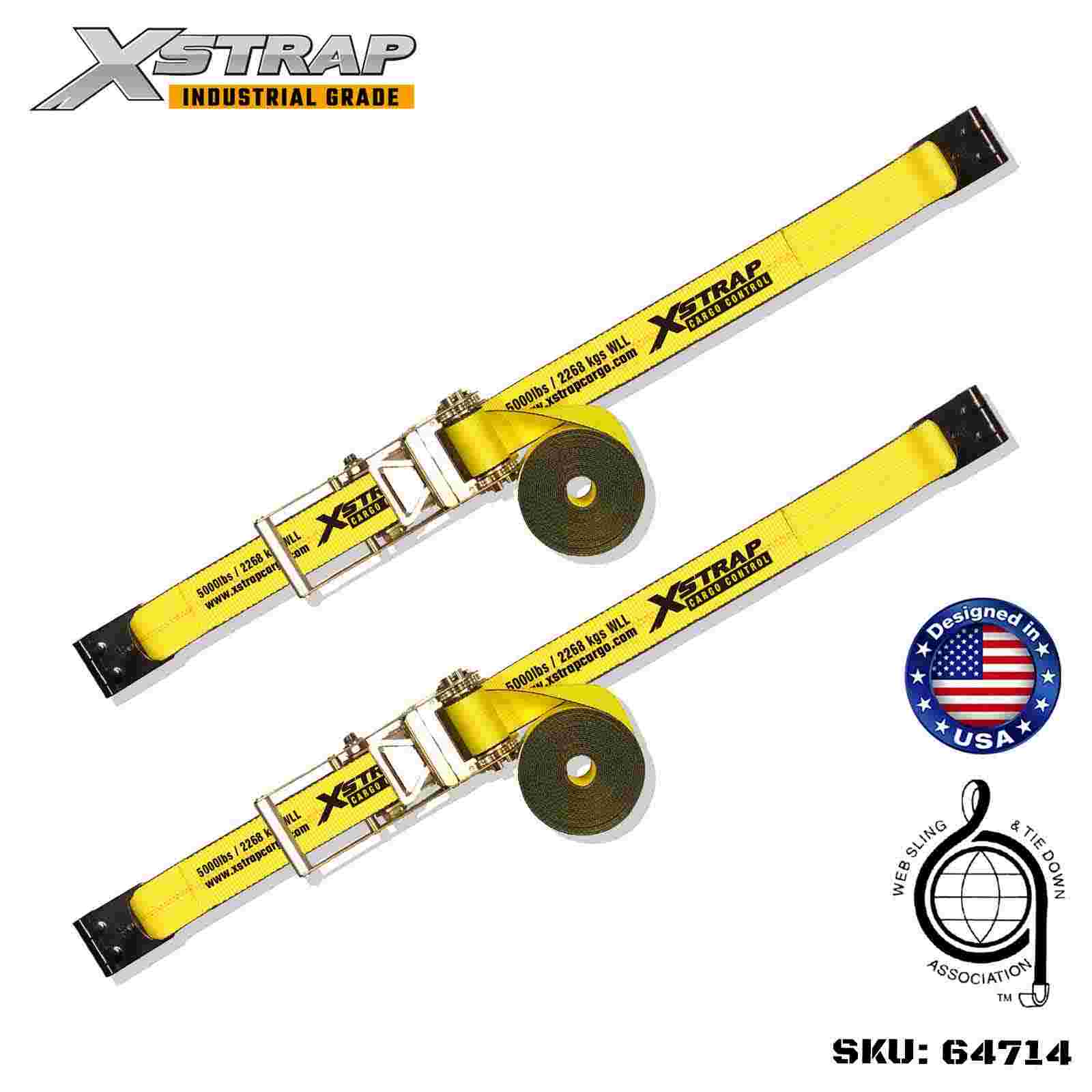 Xstrap 64714 ​​3 بوصات 30 قدم أشرطة بإبزيم بسقاطة مع خطافات مسطحة بقوة كسر 15000 رطل (عبوتان)