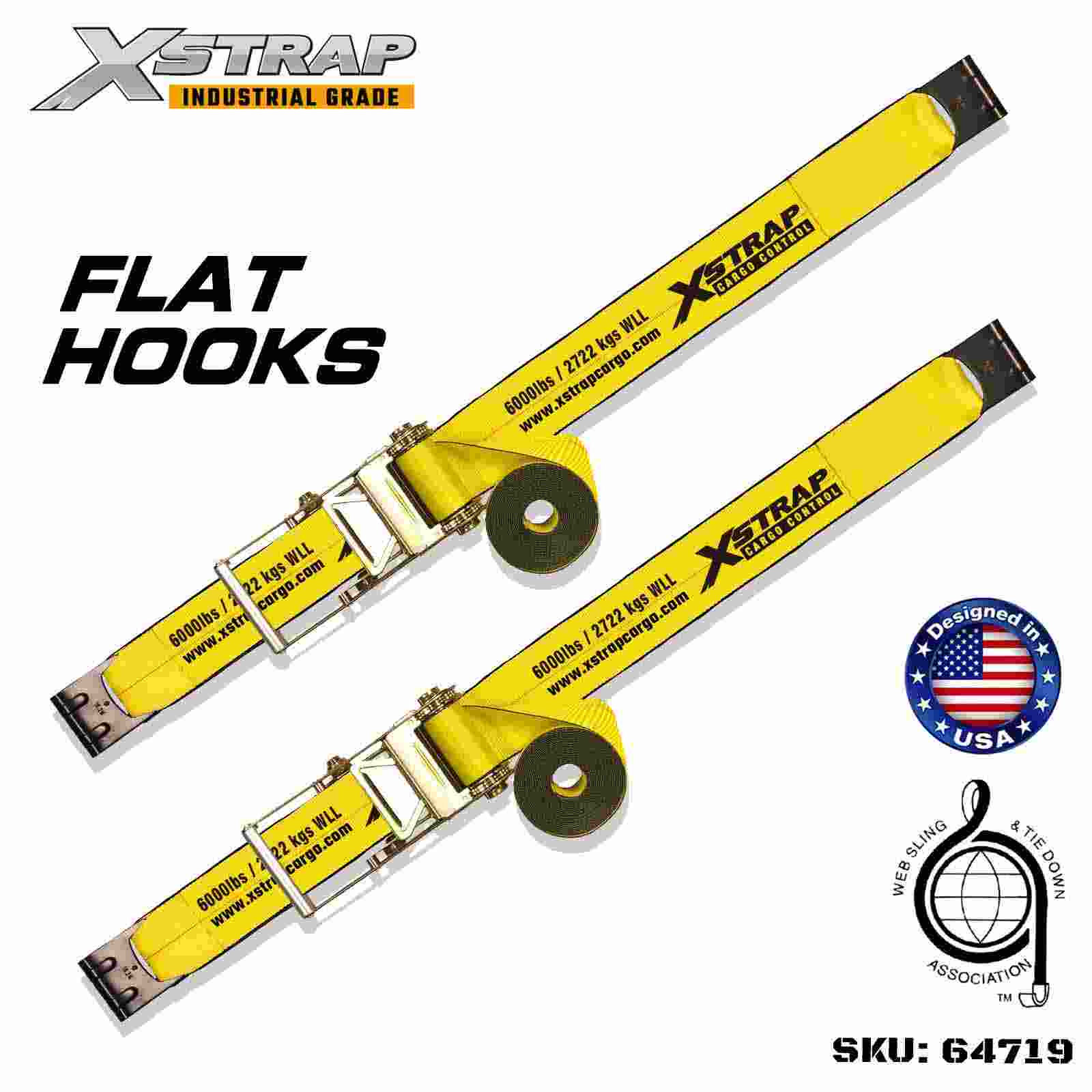 Xstrap 64719 4 بوصات × 30 قدم أشرطة بإبزيم بسقاطة مع خطافات مسطحة بقوة كسر 18000 رطل (عبوتان)