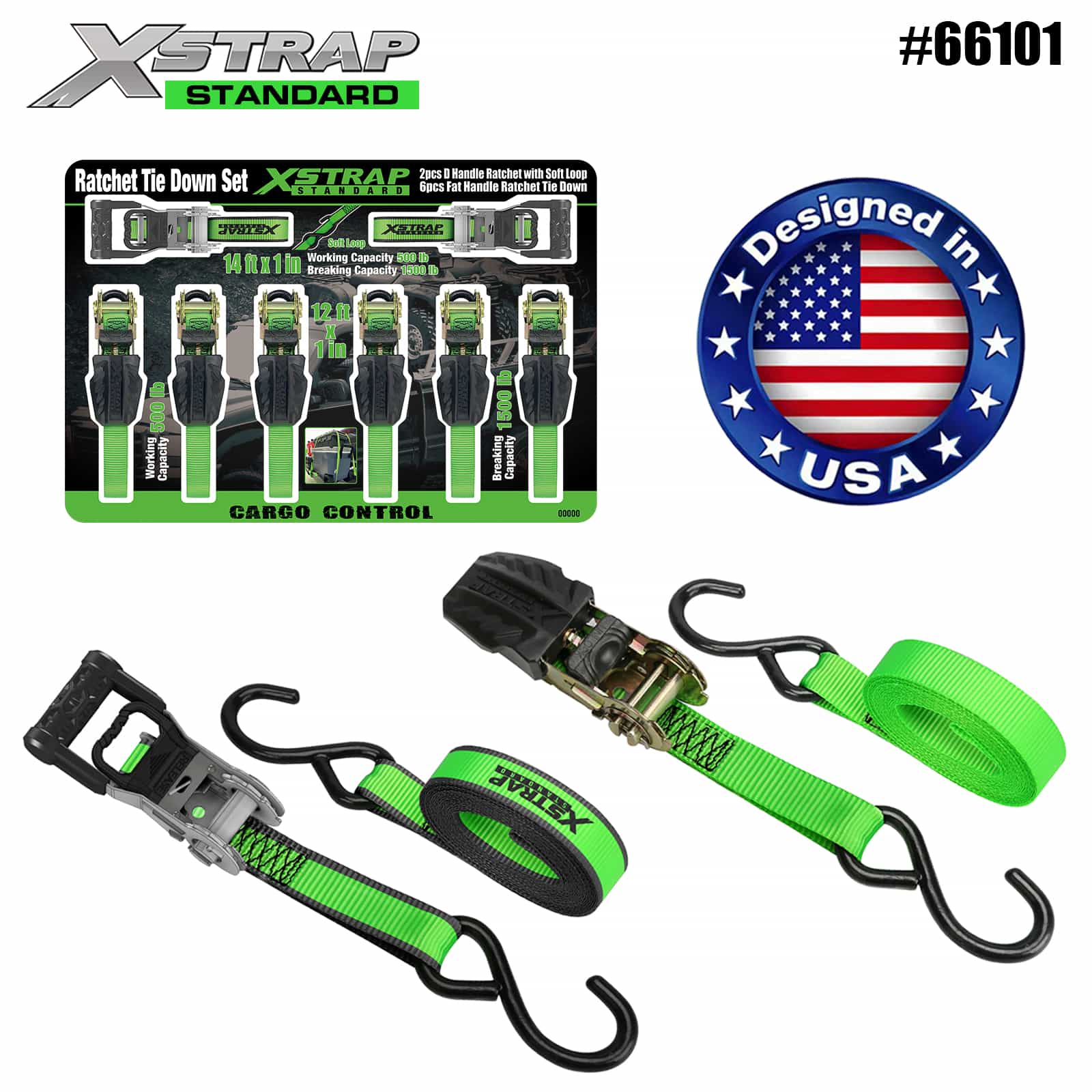 Xstrap 66101 1 بوصة × 14 بوصة 2PK مقبض على شكل حرف D مع حلقة ناعمة 500 رطل SWL و1 بوصة × 12 بوصة 6PK مقبض مسطح بسقاطة ربط لأسفل 500 رطل SWL