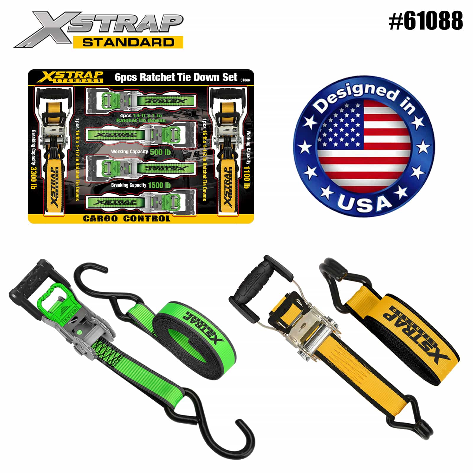 Xstrap 61088 1 بوصة × 14 بوصة 4PK مقبض على شكل حرف D مع حلقة ناعمة 500 رطل SWL و1 بوصة × 16 بوصة 2PK بمقبض عريض للغاية وربطة عنق لأسفل 1100 رطل SWL