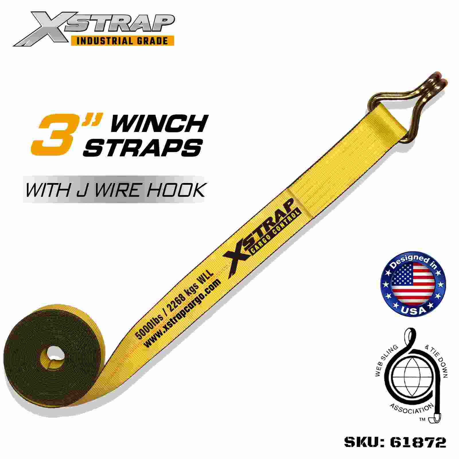 حزام ونش قياسي Xstrap 61872 مقاس 3 بوصات × 27 قدمًا مزود بخطاف سلكي بقوة كسر تبلغ 15000 رطل