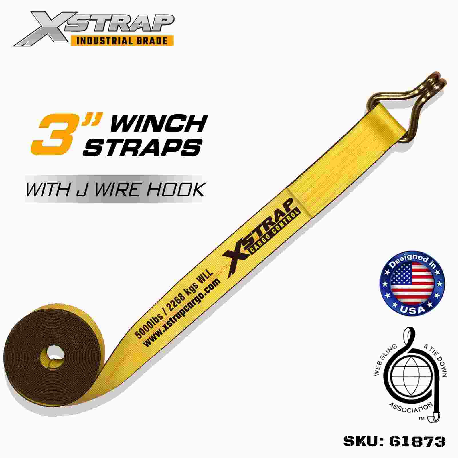 حزام ونش قياسي Xstrap 61873 مقاس 3 بوصات × 30 قدمًا مزود بخطاف سلكي بقوة كسر تبلغ 15000 رطل