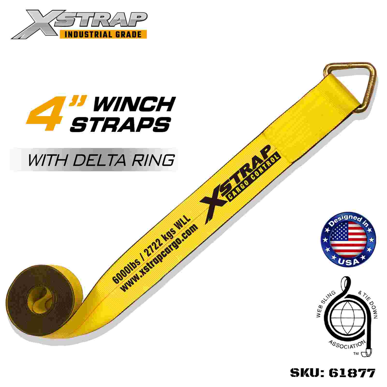 حزام ونش قياسي Xstrap 61877 مقاس 4 بوصات × 30 قدمًا مزود بقوة كسر حلقة دلتا تبلغ 18000 رطل