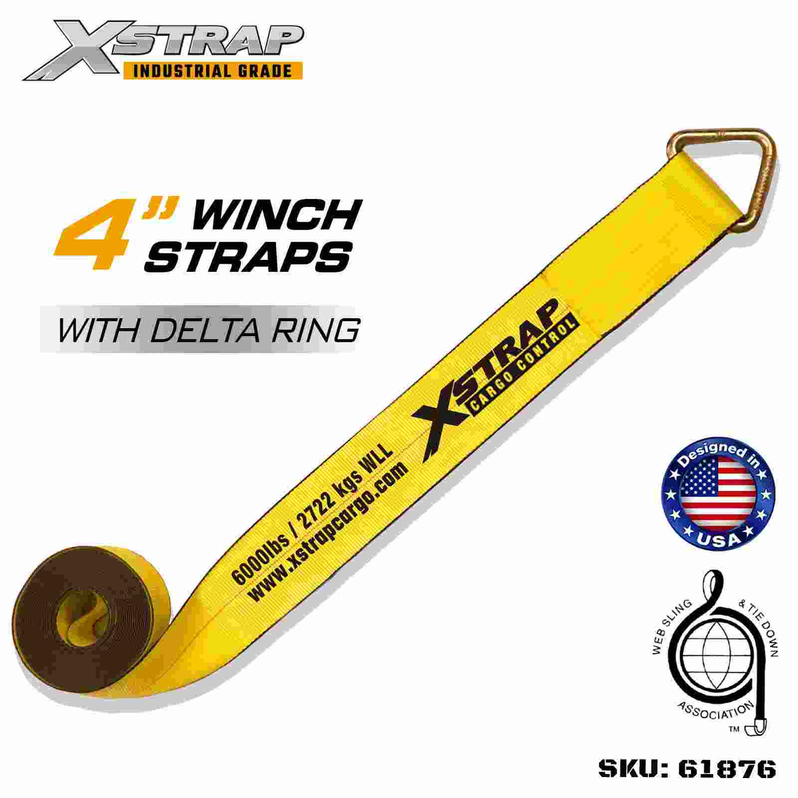 حزام ونش قياسي Xstrap 61876 مقاس 4 بوصات × 27 قدمًا مزود بقوة كسر حلقة دلتا تبلغ 18000 رطل