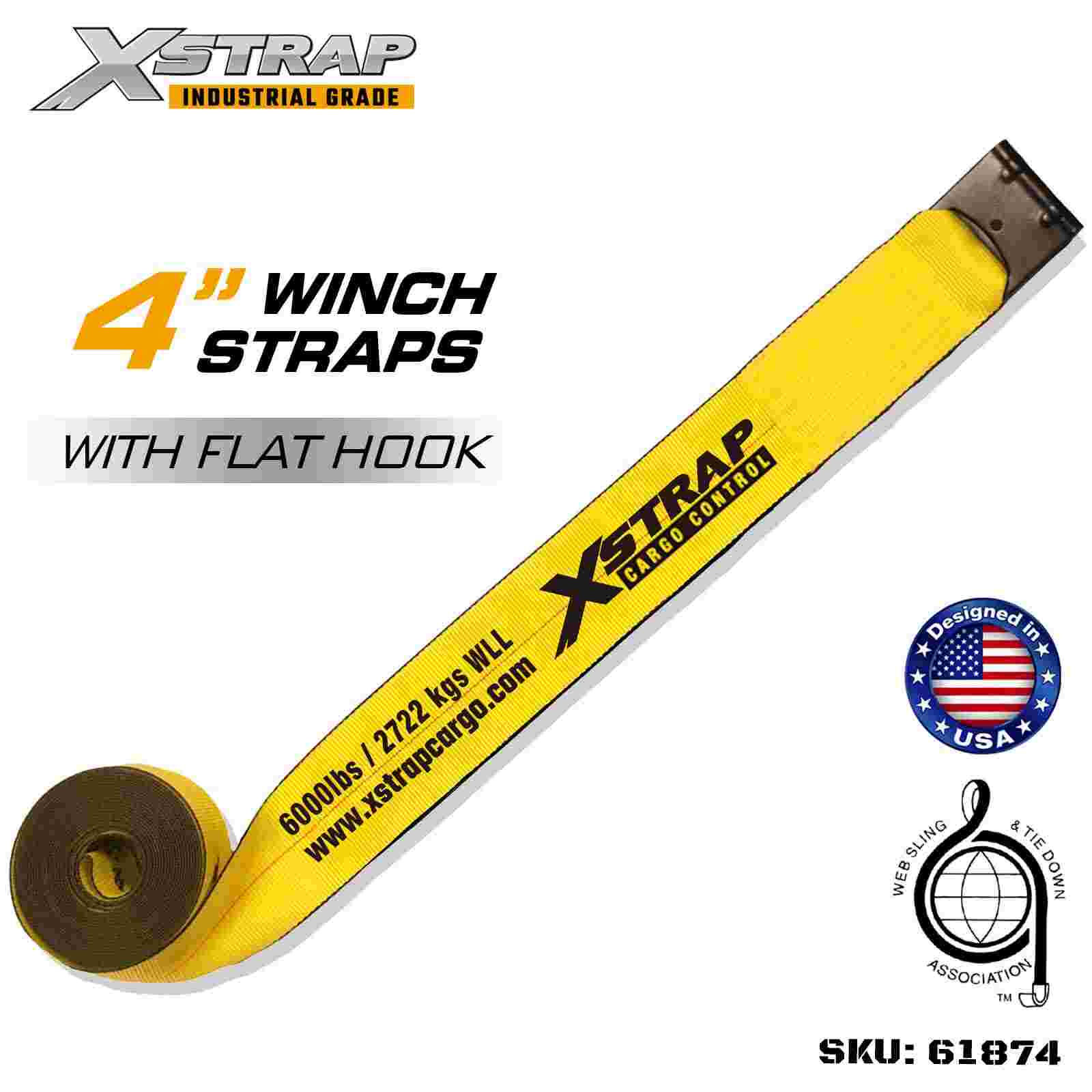 حزام ونش قياسي Xstrap 61874 مقاس 4 بوصات × 27 قدمًا مزود بخطاف مسطح بقوة كسر تبلغ 18000 رطل