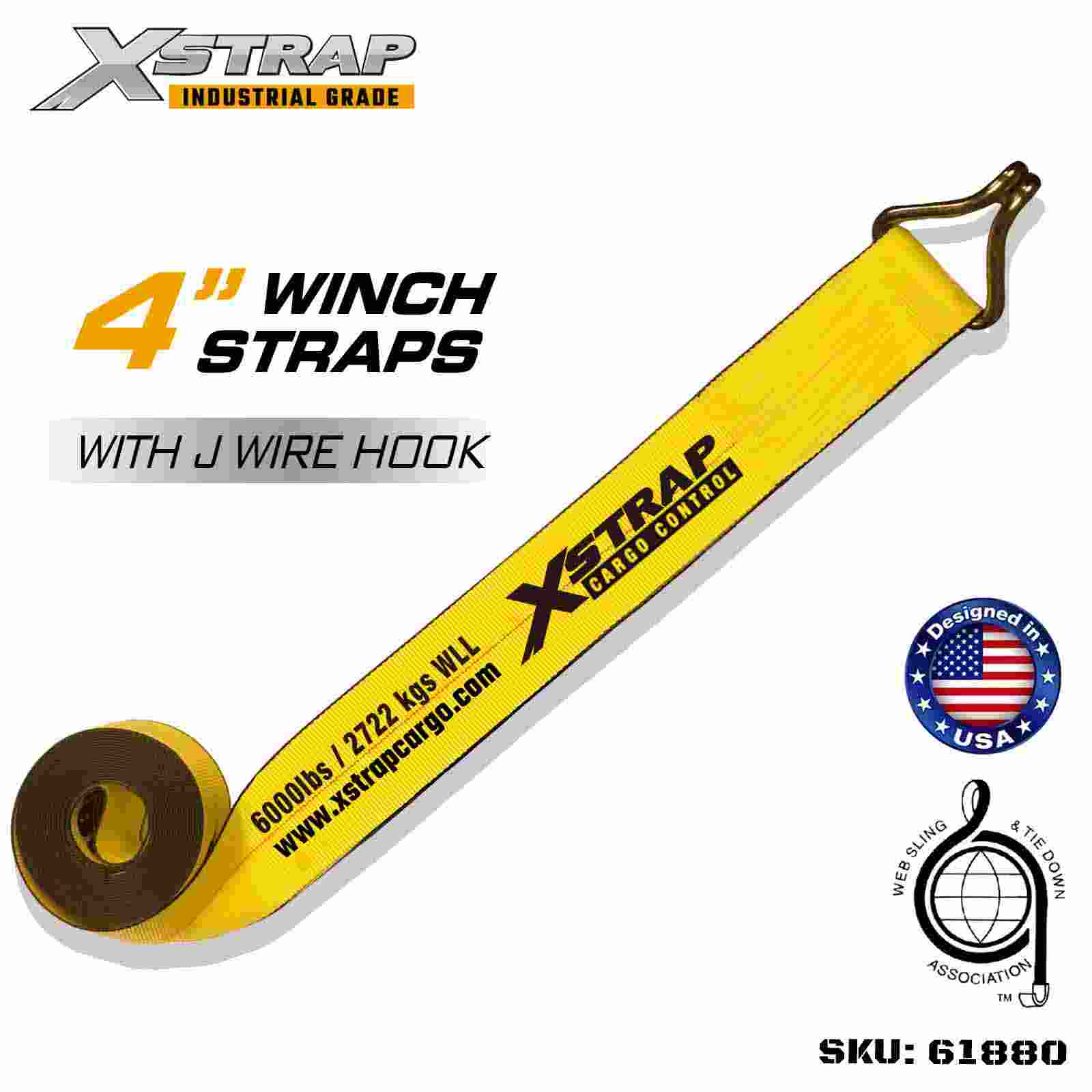حزام ونش قياسي Xstrap 61880 مقاس 4 بوصات × 30 قدمًا مزود بخطاف سلكي بقوة كسر تبلغ 18000 رطل