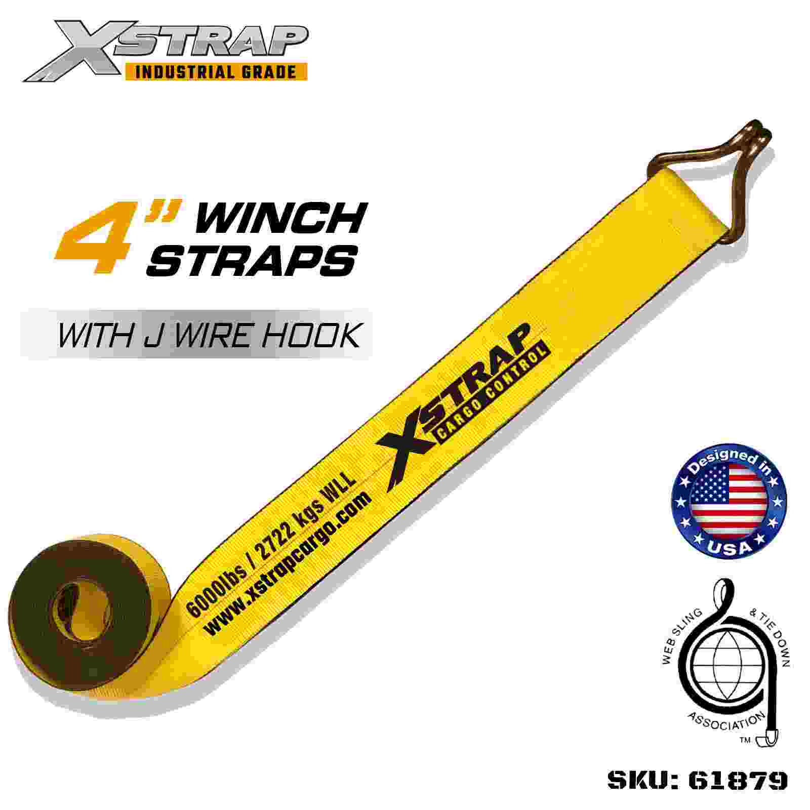 حزام ونش قياسي Xstrap 61879 مقاس 4 بوصات × 27 قدمًا مزود بخطاف سلكي بقوة كسر تبلغ 18000 رطل