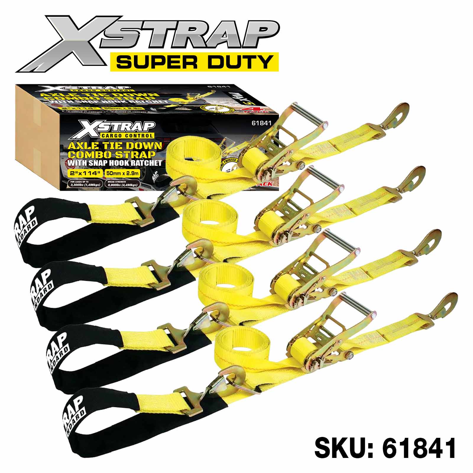 Xstrap 61841 2 بوصة × 114 بوصة 4 قطع من أشرطة ربط السقاطة شديدة التحمل بوزن 3,300 رطل SWL