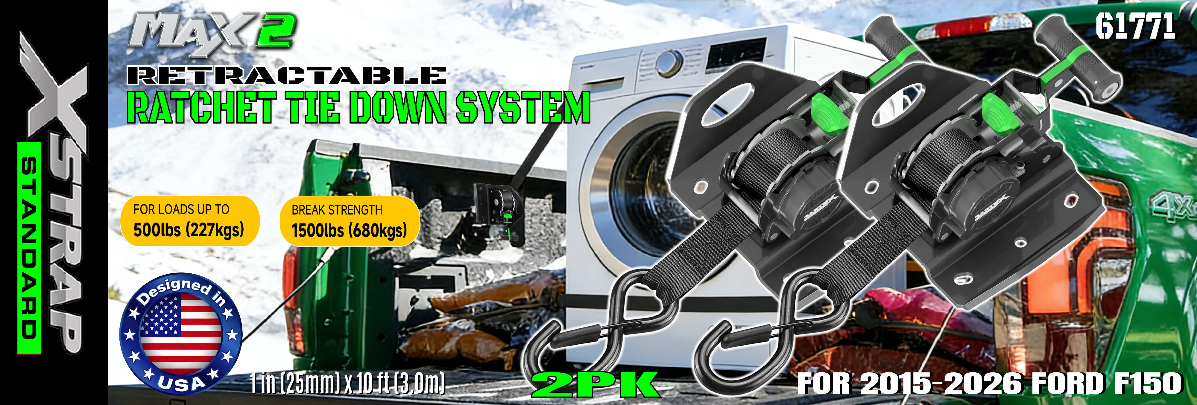 Xstrap 61771 أشرطة السقاطة القابلة للسحب تناسب ملحقات السيارة F150 500LB SWL