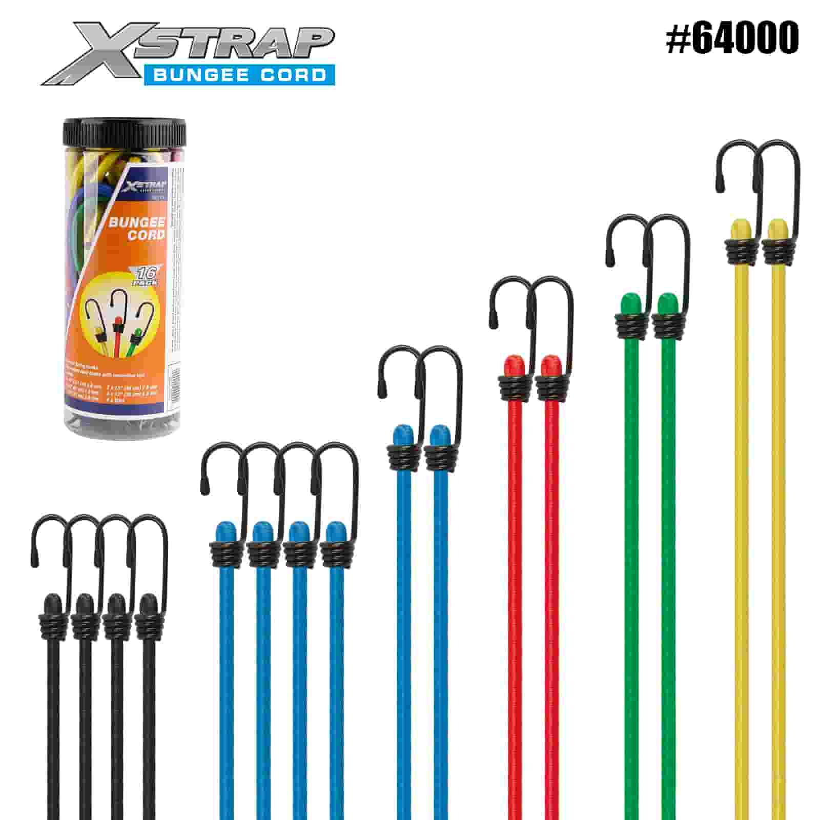 مجموعة حبال بنجي Xstrap 64000 16 قطعة 8 مم × 12 بوصة/18 بوصة/24 بوصة/ 32 بوصة/40 بوصة؛ 4 مم × 10 بوصة بنجي صغير 44-55 رطل SWL